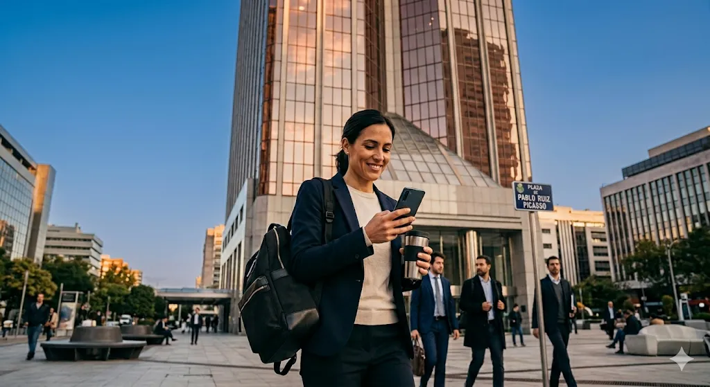 Profesional consultando su móvil en el distrito financiero de Madrid